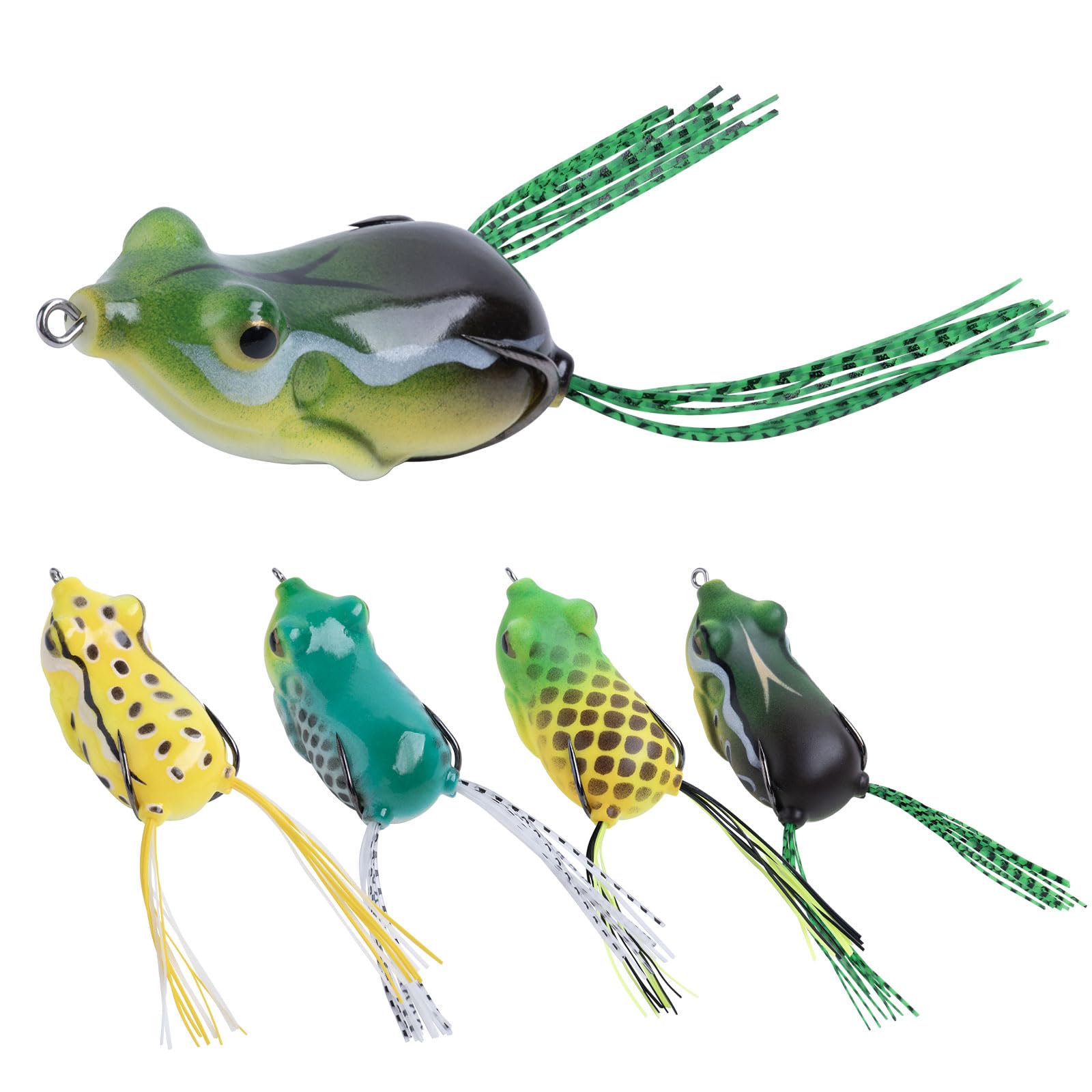 UNYLE 5 Pcs Topwater Bass Fishing Soft Lure with Weedless Hooks Trout Fishing Lures Kit Set Realistic Floating Bait Frog for Freshwater Saltwater