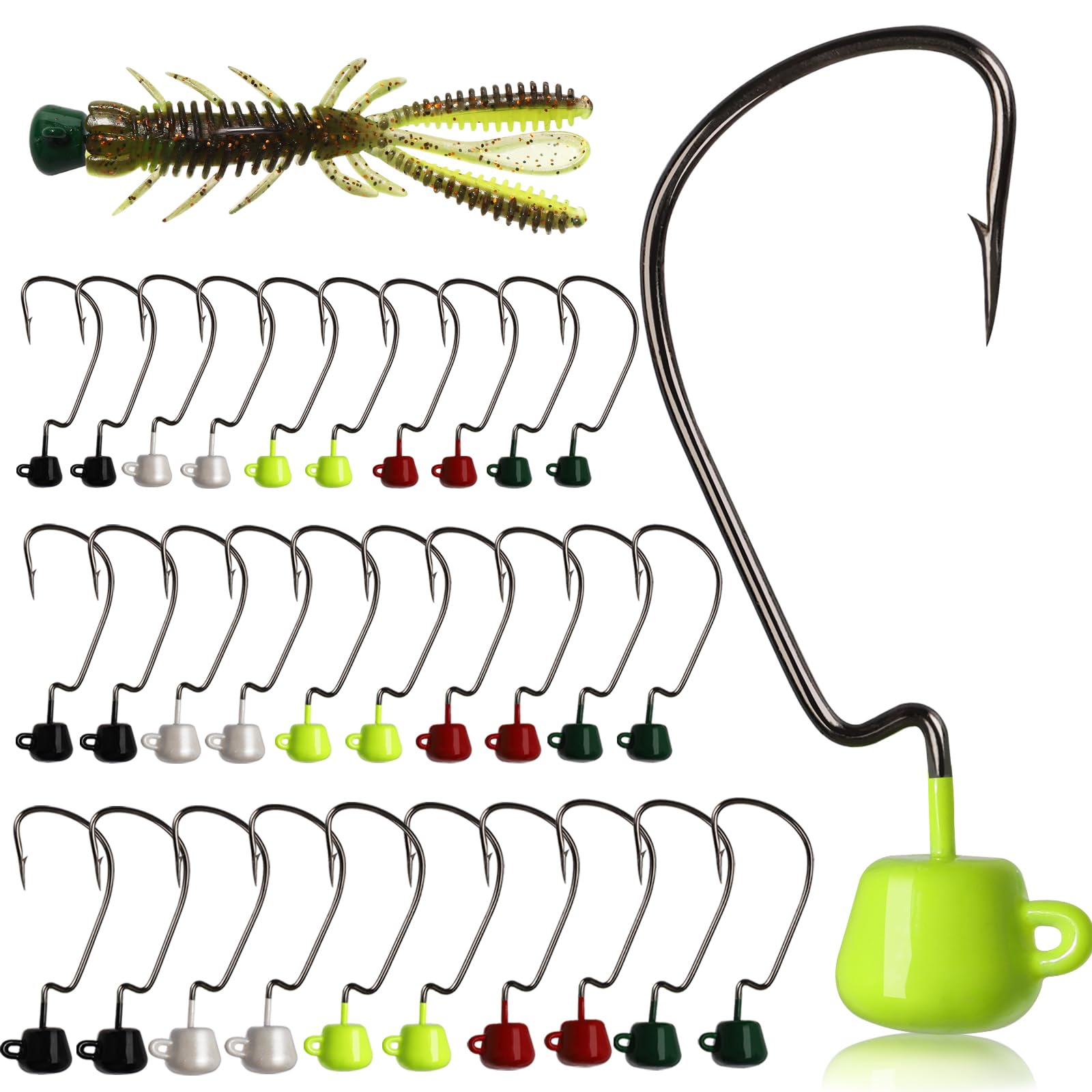 Dovesun Ned Rig Jig Heads Ned Rig Hooks Weedless Jig Head Mushroom Jig Heads for Bass Fishing Ned Rig Kit 30pcs