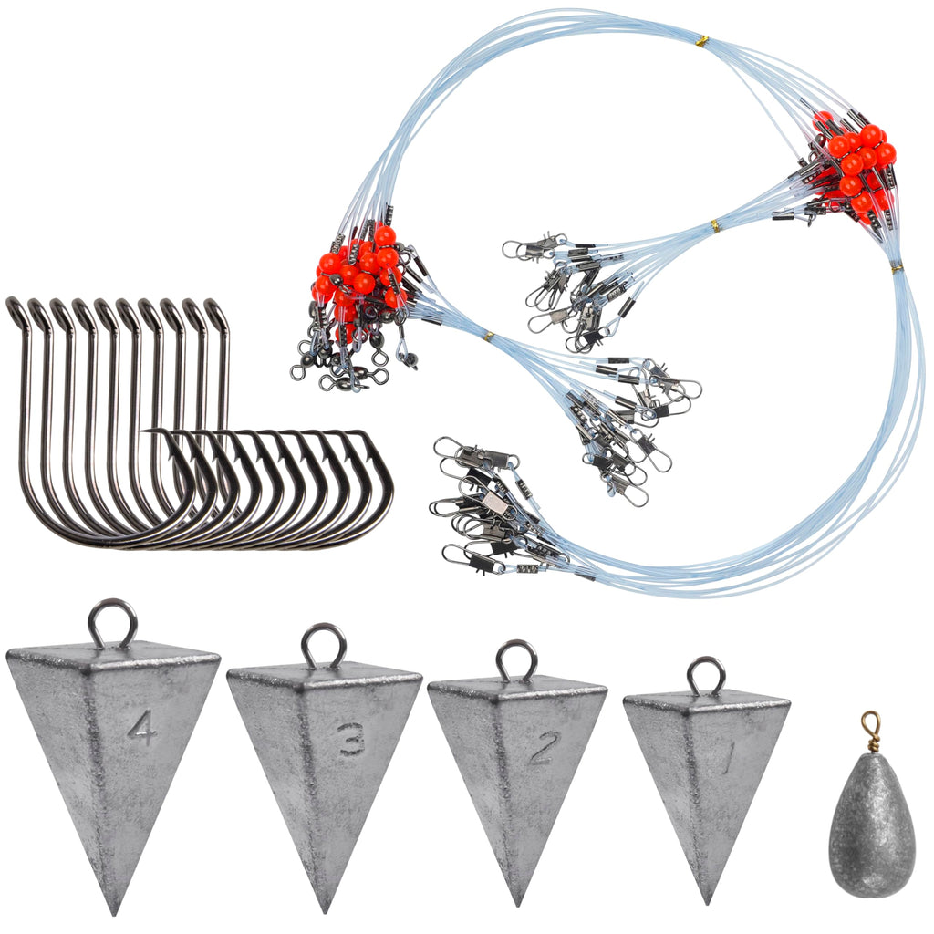 Saltwater Surf Fishing Tackle Kit - Saltwater Surf Fishing Rigs Include Fishing Wire Leader Pyramid Sinker Weight Bass Casting Sinker Circle Hooks Surf Fishing Accessories (Blue)